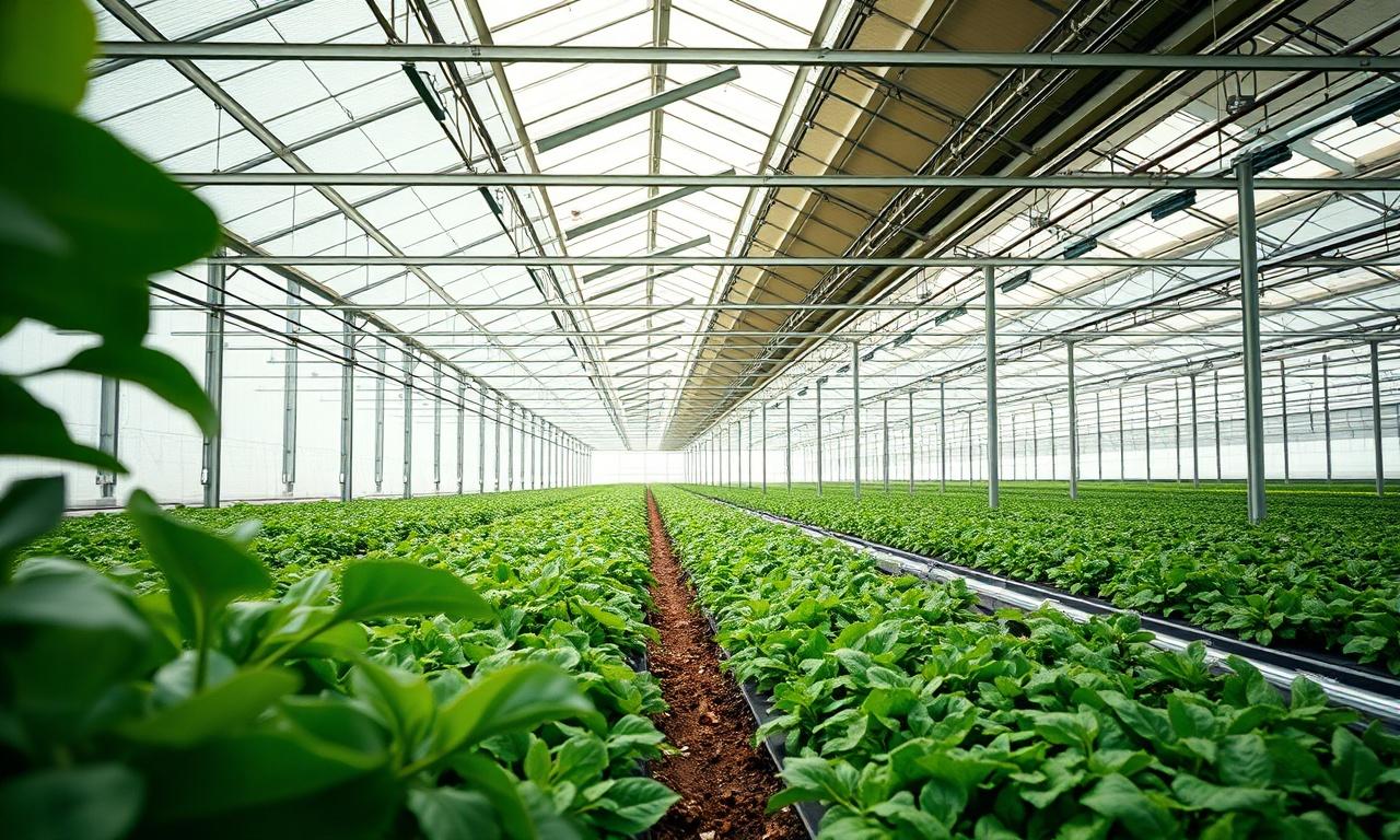Interior of a modern commercial greenhouse showing the crop canopy above ground, growing beds and root-zone detail, drip irrigation lines through the beds, and the structural frame with open roof ventilation.
