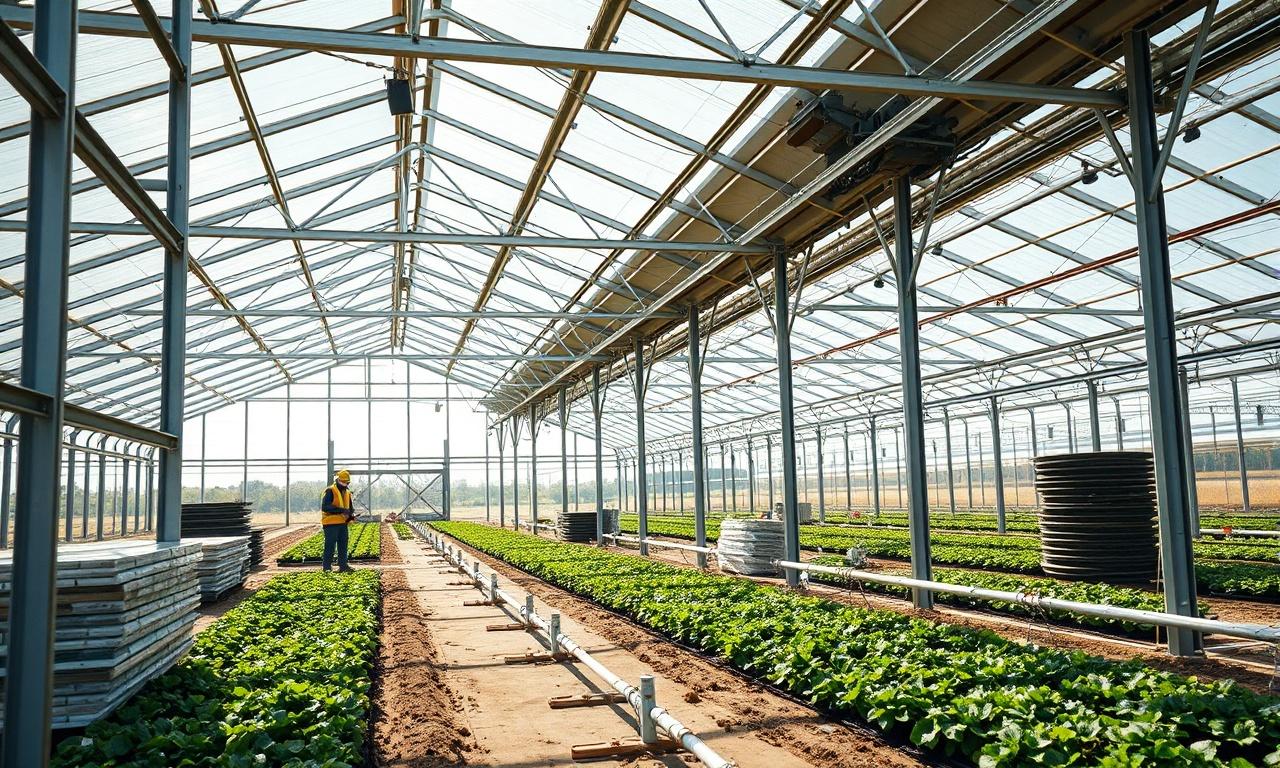 Modern greenhouse structure under construction with workers installing the frame and irrigation pipework