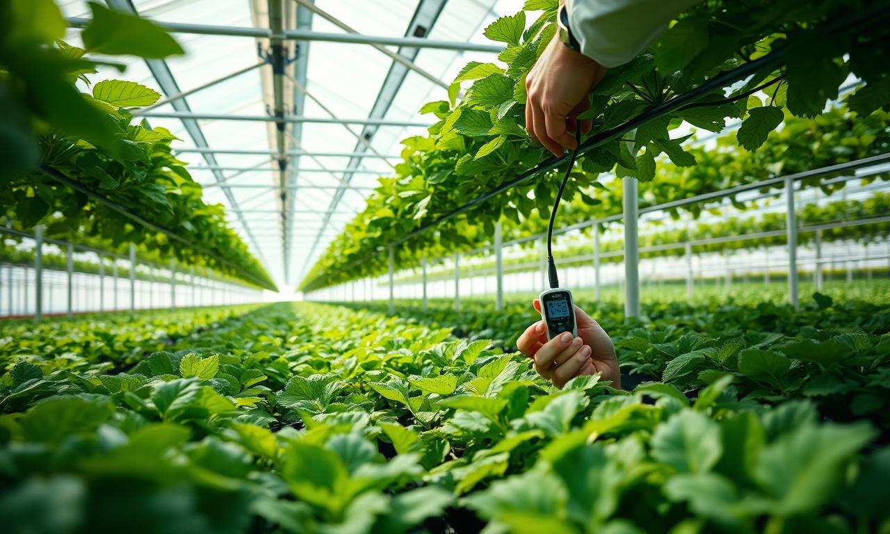 Agronomist inspecting a high-performing crop canopy with a handheld sensor