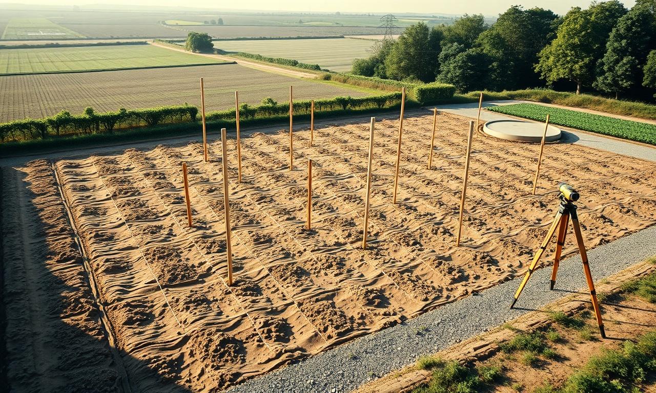 Agricultural site surveyed before construction, with survey stakes and a tripod instrument on prepared ground