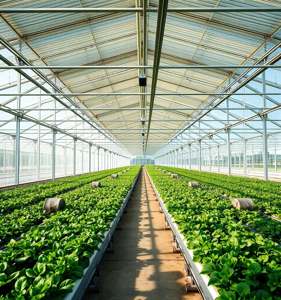 Modern commercial greenhouse showing its structural frame, integrated drip irrigation lines and rows of healthy crops.